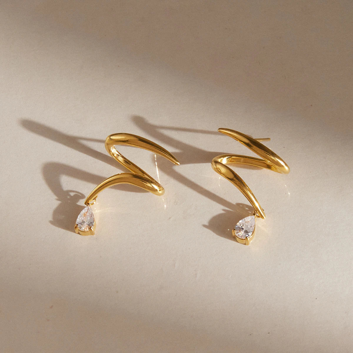 Kika Water Drop Zircon Earrings Minimalist Wave Shape 18K Gold PVD Plated Stainless Steel 316L