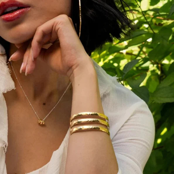 KIKA Stainless Steel Statement Gold Color Cuff Bracelet Bangle Metal Texture Multi-Layer Temperament Waterproof Jewelry