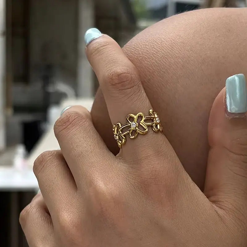 KIKA Delicate Hollow-Out Flower Opening Ring PVD  Plated Stainless Steel 316L