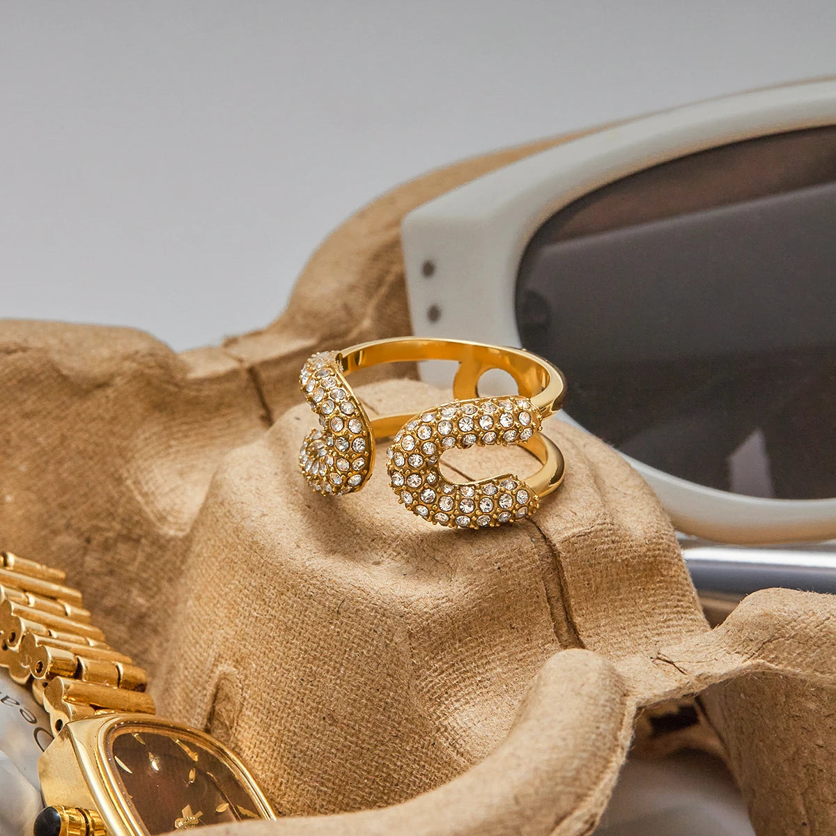 Kika Minimalist 18K Gold Color Plated Stainless Steel White Rhinestone Paper Clip Ring
