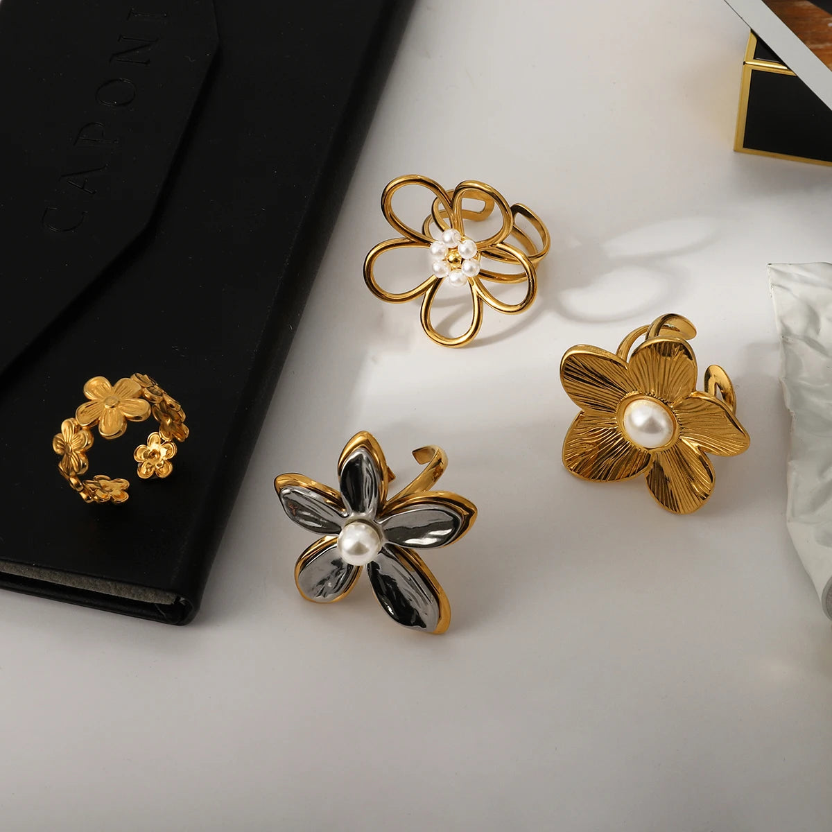 Kika Fashionable Sweet 18K Gold Color Plated Stainless Steel Pearl Five Petal Flower Ring