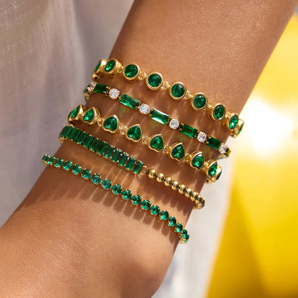 Kika Fashion Trend 18K Gold Color Plated Stainless Steel Rectangular Green Zirconia Chain Bracelet
