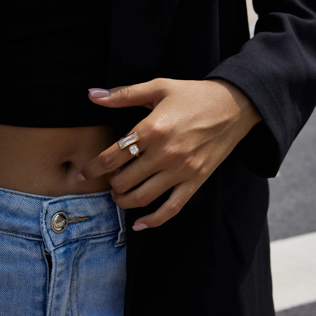 KIKA Minimalist Classic 18K Gold Color PVD Plated Stainless Steel 316L Square Round Zircon Rings Trendy Waterproof