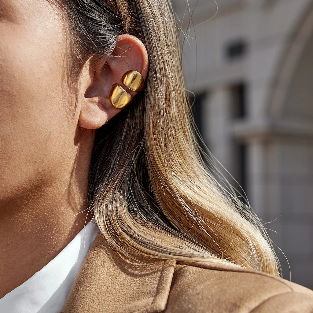 KIKA Classic 18K PVD Plated Gold Color Wide-Faced Double-Layer Ear Clip Earrings Women Waterproof Stainless Steel 316L