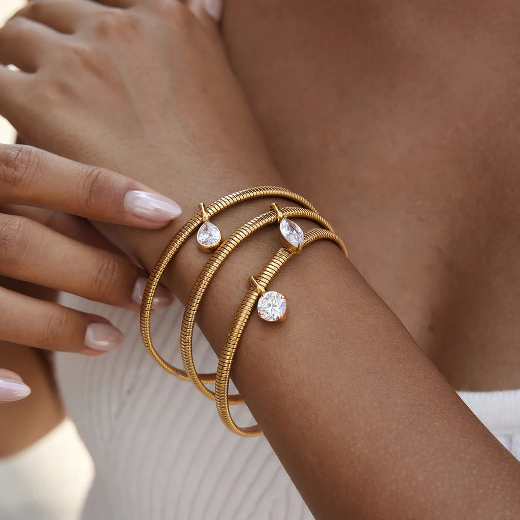 Kika Geometric Zircon Charm Snake Chain Bangle Minimalist 18K Gold PVD Plated Stainless Steel 316L