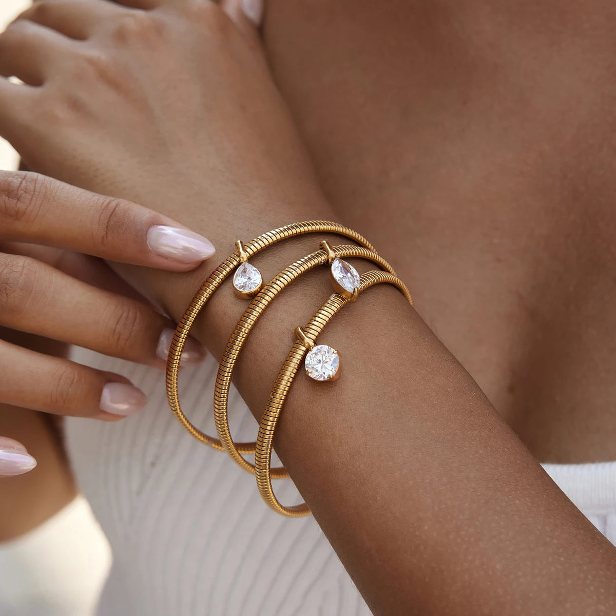 Kika Geometric Zircon Charm Snake Chain Bangle Minimalist 18K Gold PVD Plated Stainless Steel 316L