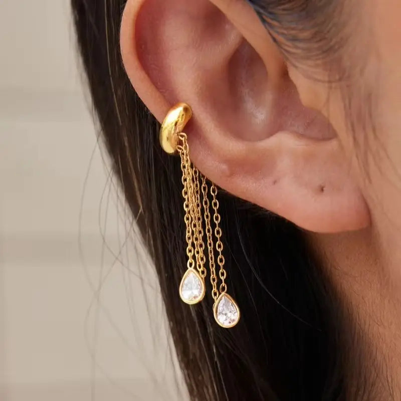KIKA 1 PC Water Drop Zircon Chains Tassel Non-piercing Ear Clip 18K Gold Plated Stainless Steel 316L