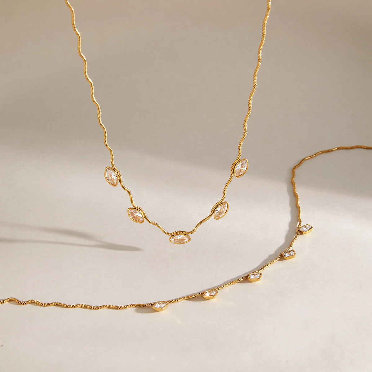 KIKA Geometric Zircon Pendant Wave Shape Chain Necklace For Women 18K Gold PVD Plated Stainless Steel 316L