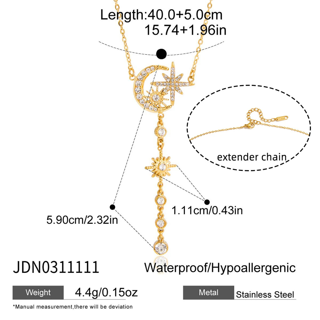 Kika Rhinestones Flower Star Moon Pendant Y-Shaped Chain Necklace