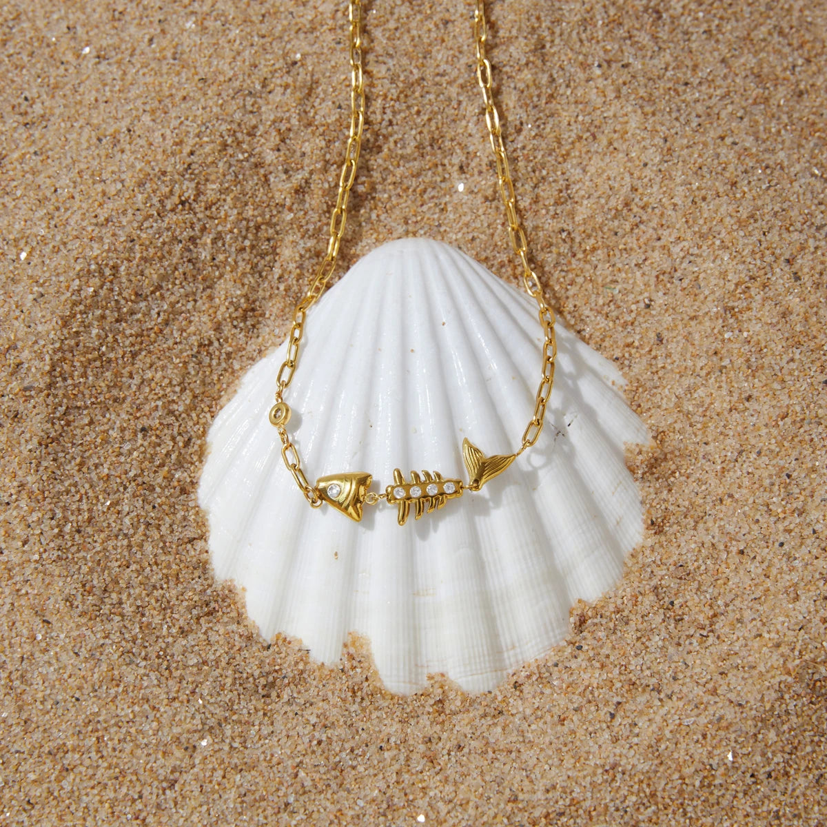 Kika Delicate White Zircon Fish Bone Pendant Necklace