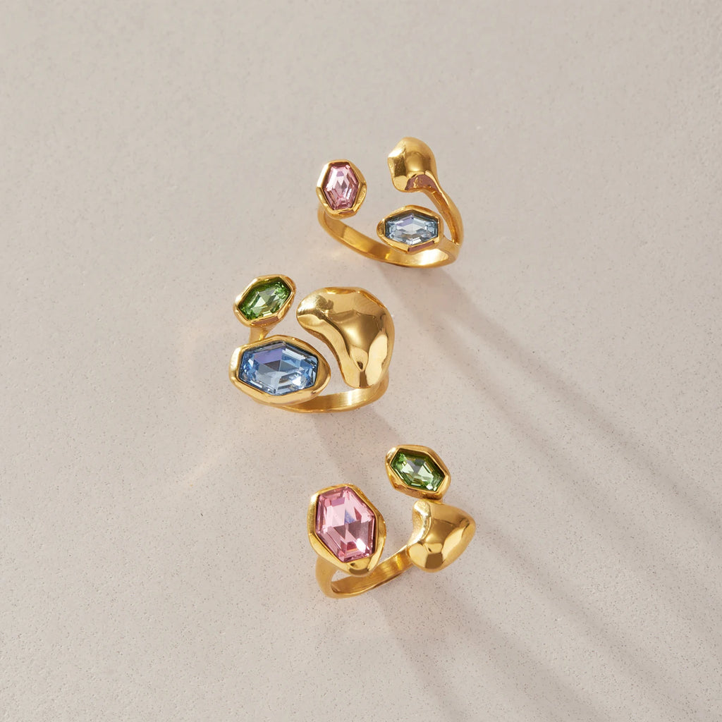 Kika Elegant Multicolor Glass Stone Geometric Open Rings 18K Gold Plated Stainless Steel 316L