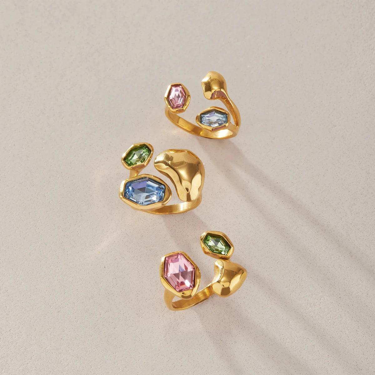 Kika Elegant Multicolor Glass Stone Geometric Open Rings 18K Gold Plated Stainless Steel 316L