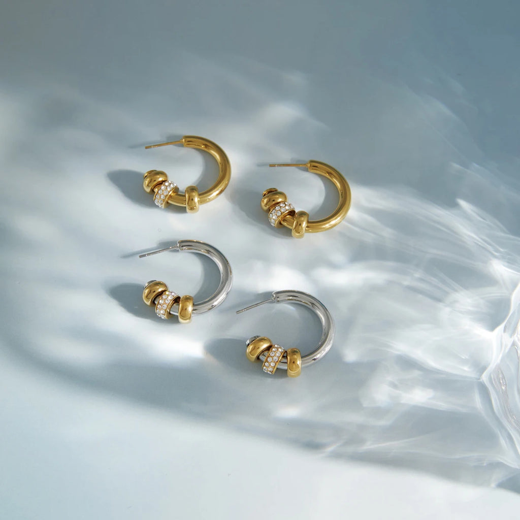 KIKA Delicate White Rhinestone C-Shaped Spliced Loop Earrings PVD Plated Stainless Steel 316L