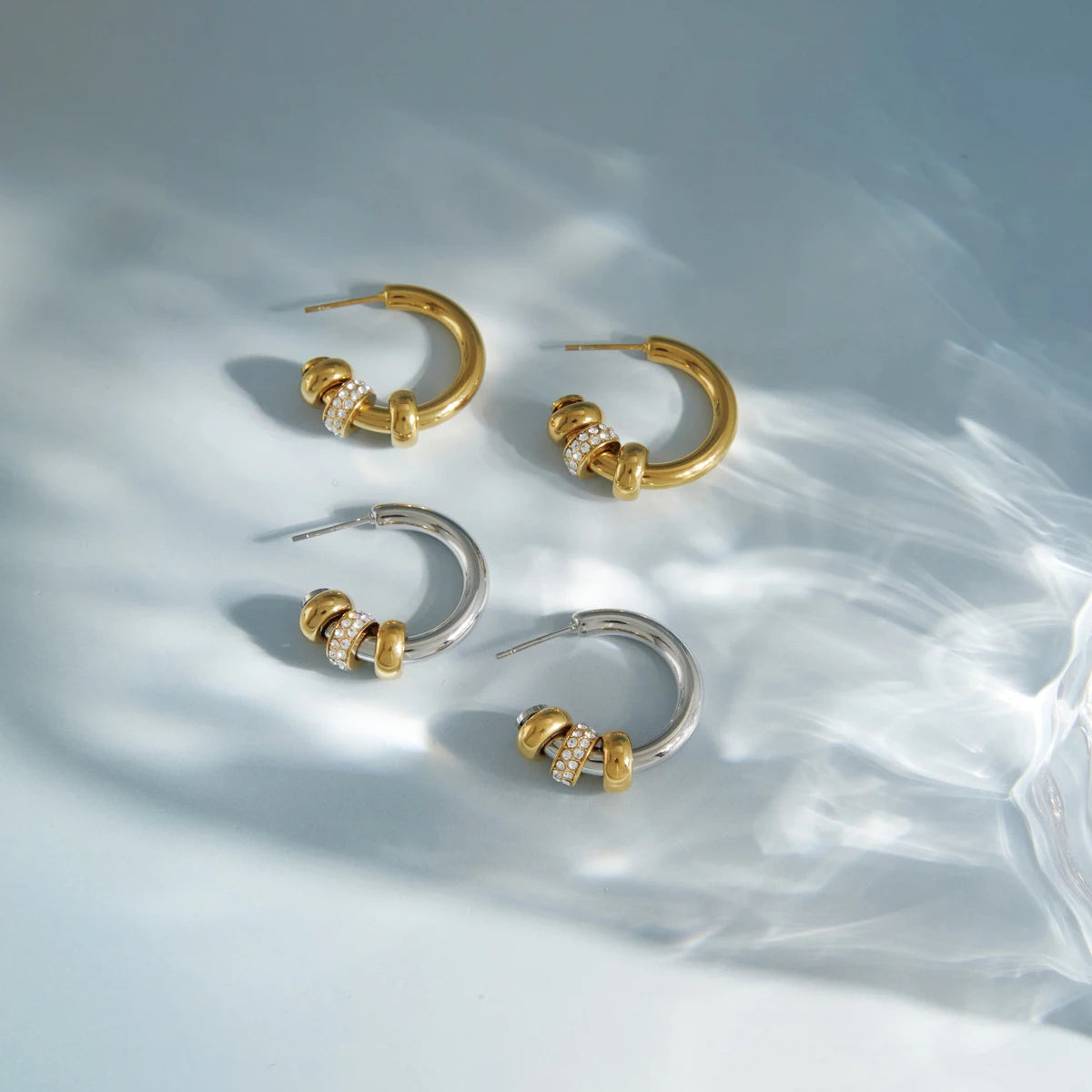 KIKA Delicate White Rhinestone C-Shaped Spliced Loop Earrings PVD Plated Stainless Steel 316L