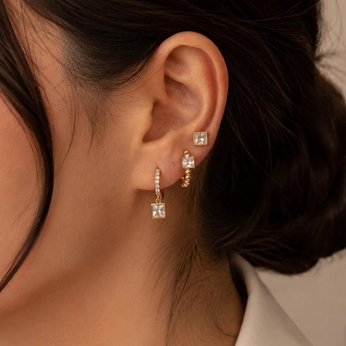 KIKA 3 Pcs/Set Square Zircon Earrings PVD Plated Stainless Steel 316L