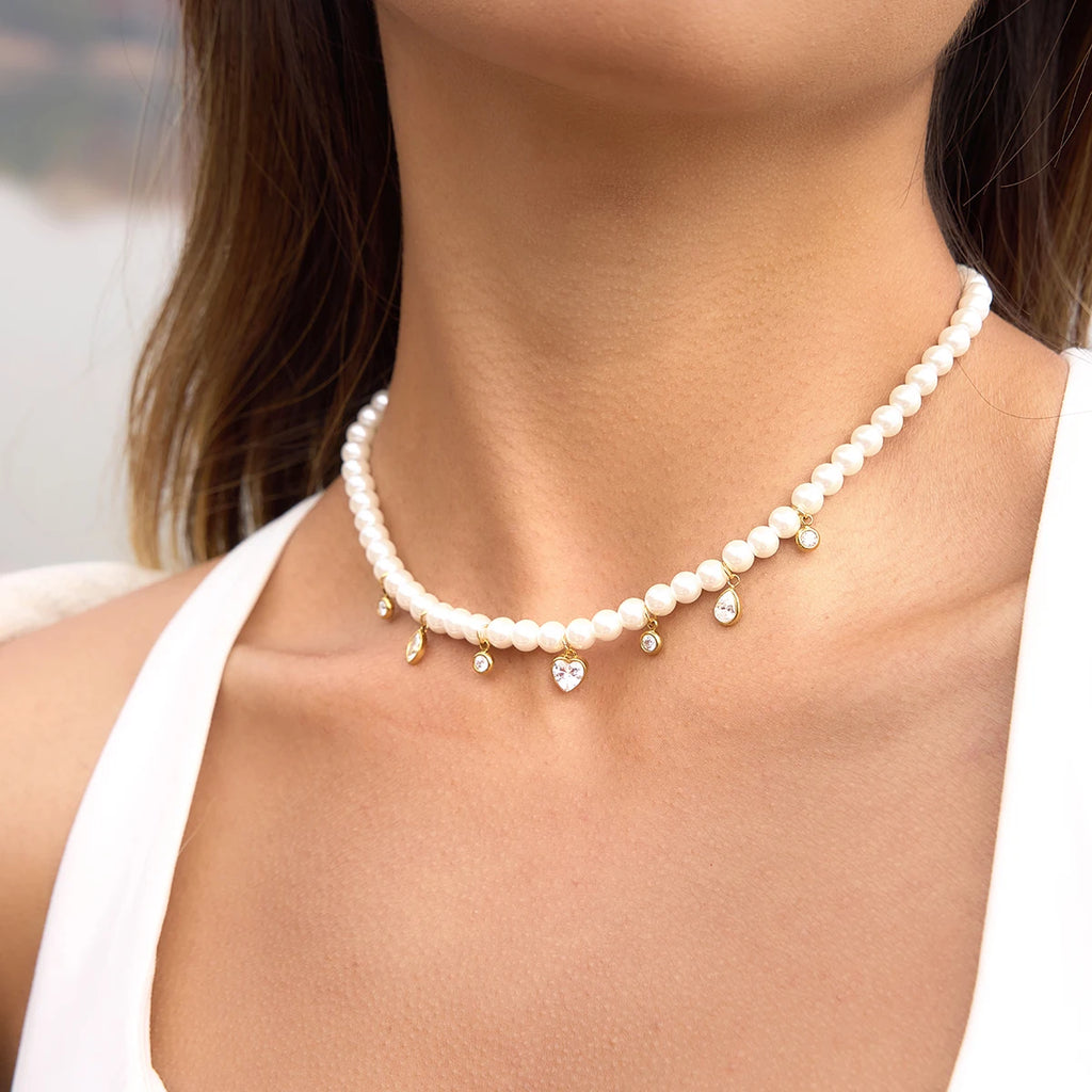 Delicate Heart Waterdrop Zircons Pendant With Imitation Pearls