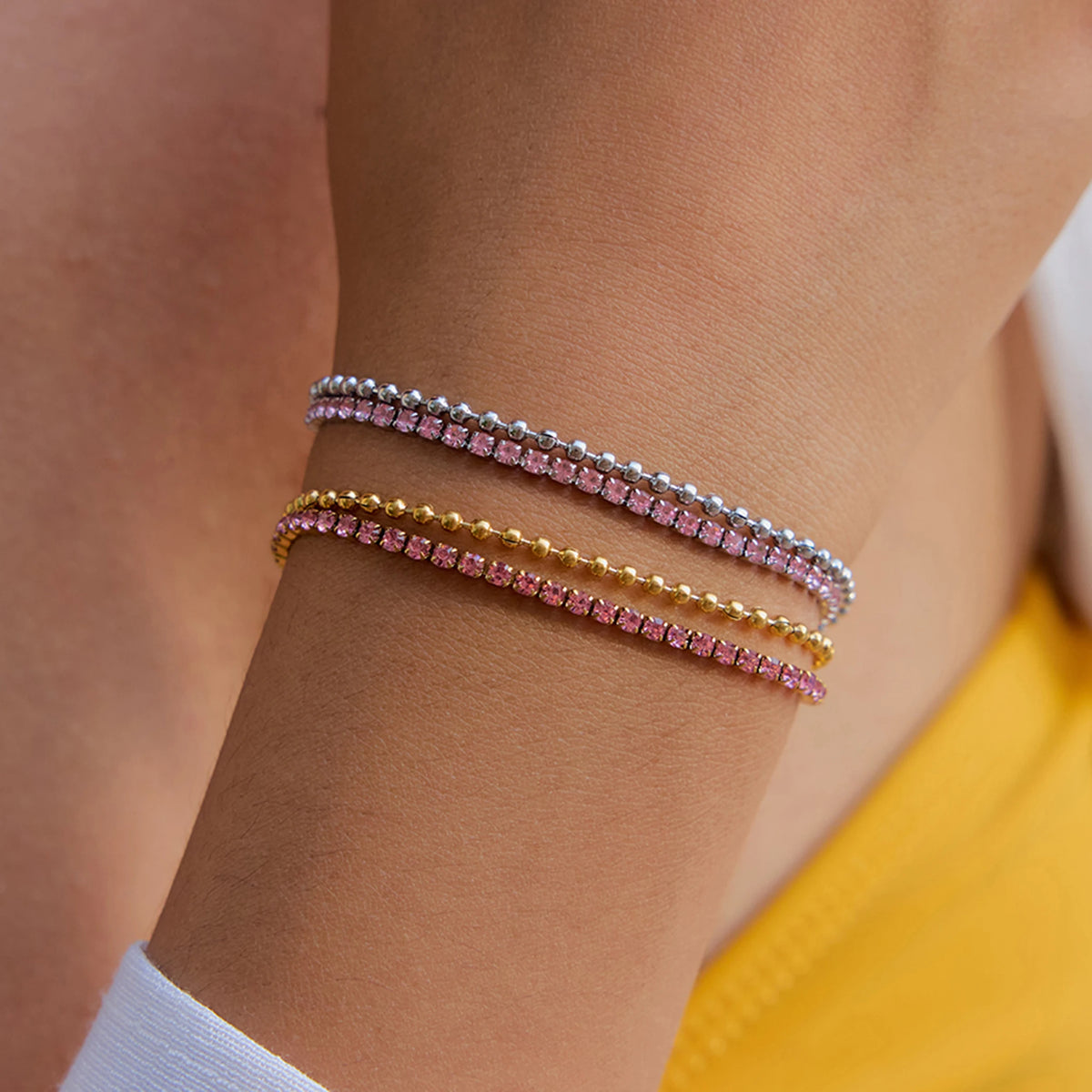 KIKA Minimalist Classic 18K Gold Color Plated Stainless Steel Pink Rhinestone Claw Chain Bead Chain Double-layer Bracelet Wome