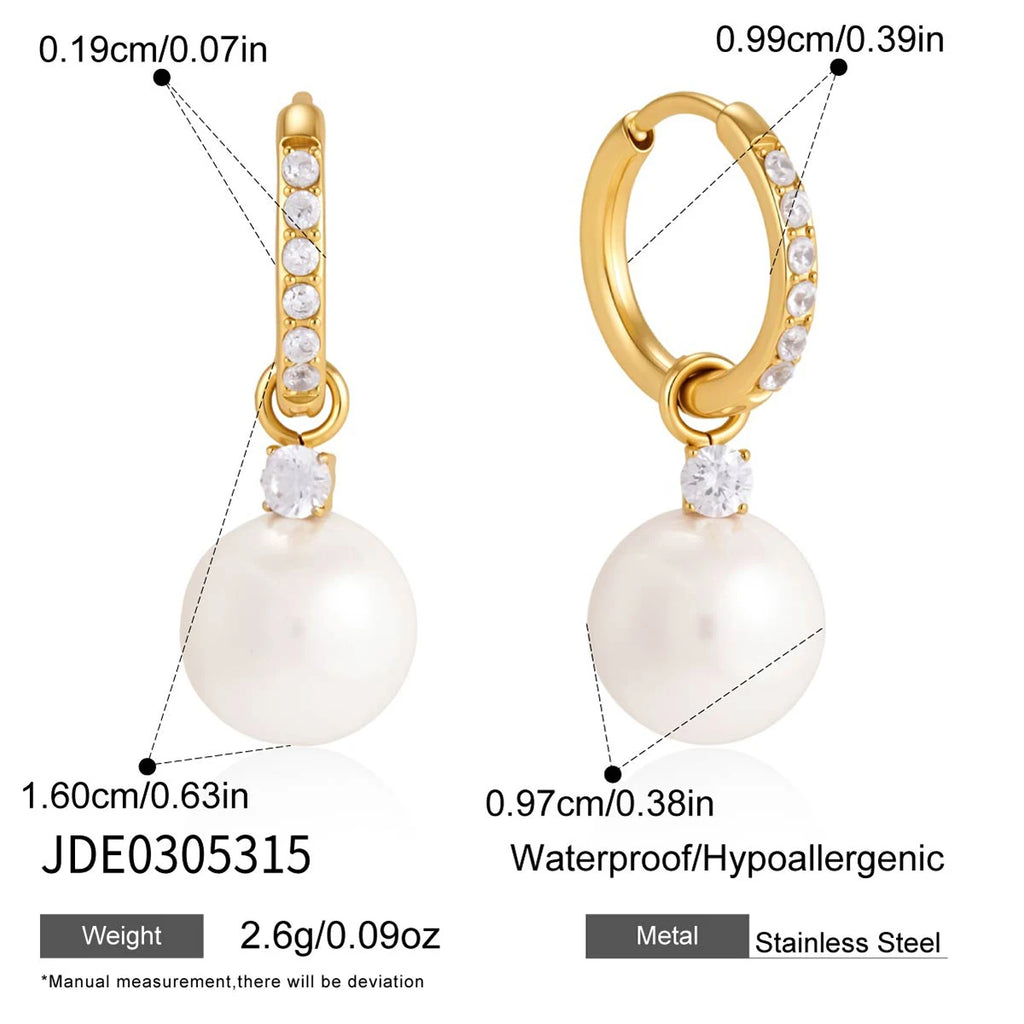 KIKA Elegant Zircon Imitation Pearl Drop EarringsPVD Plated Stainless Steel 316L