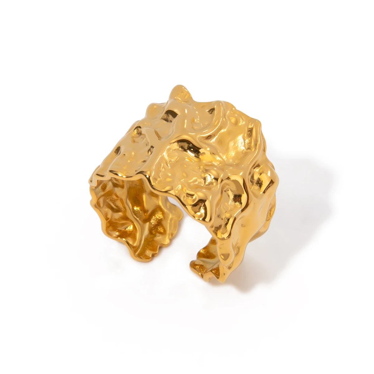 kika Stainless Steel With 18k Gold Color Plated Hammered Wide Open Ring