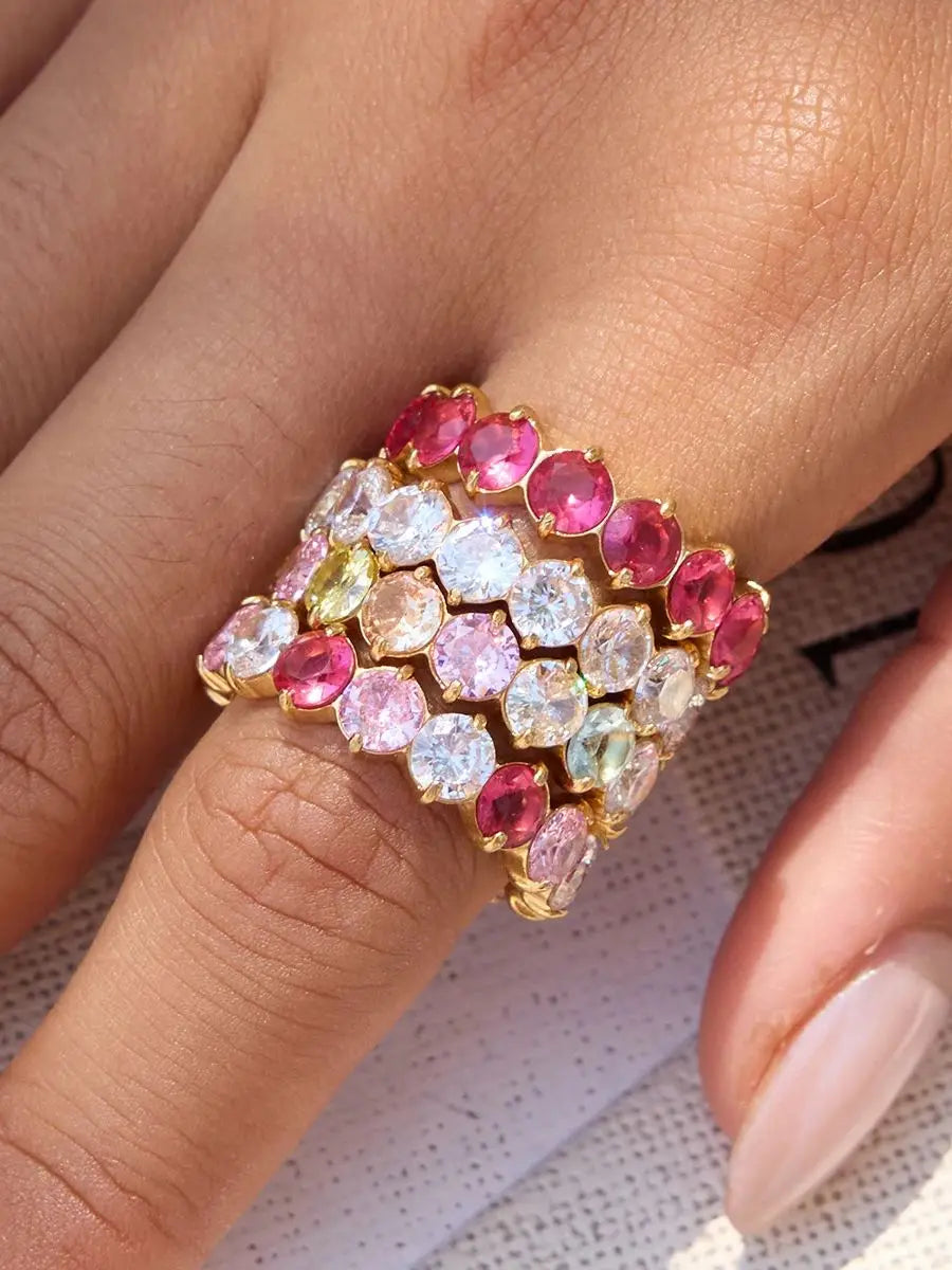 KIKA Rose Red Purple Round Zircon Ring 18K PVD Stainless Steel 136L
