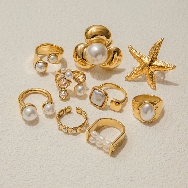Kika Simple Classic 18K Gold Color Plated Stainless Steel Pearl Ring