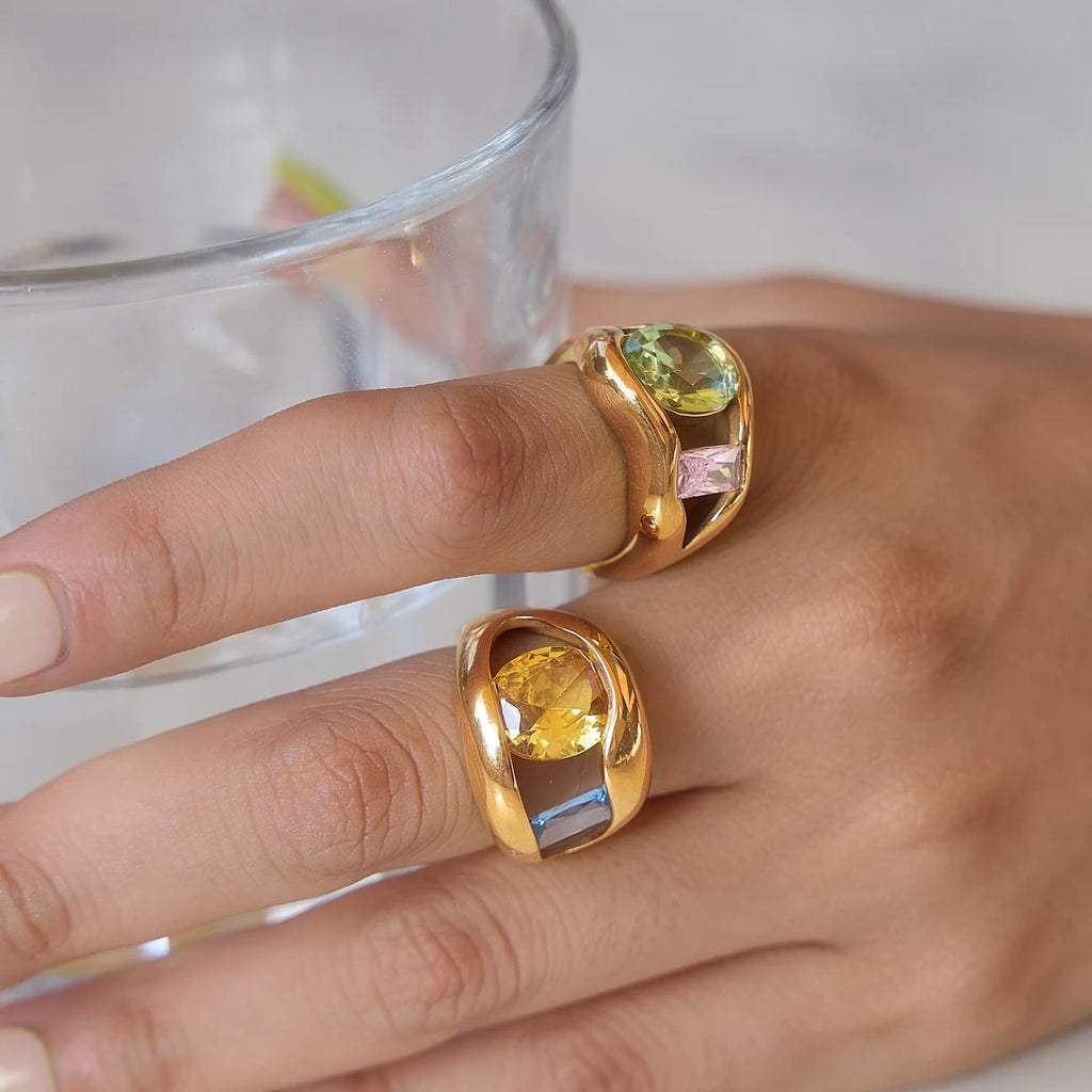 KIKA Chunky Multicolor Big Zircon Hollow Open Ring 18K Gold PVD Plated Stainless Steel 316Lt