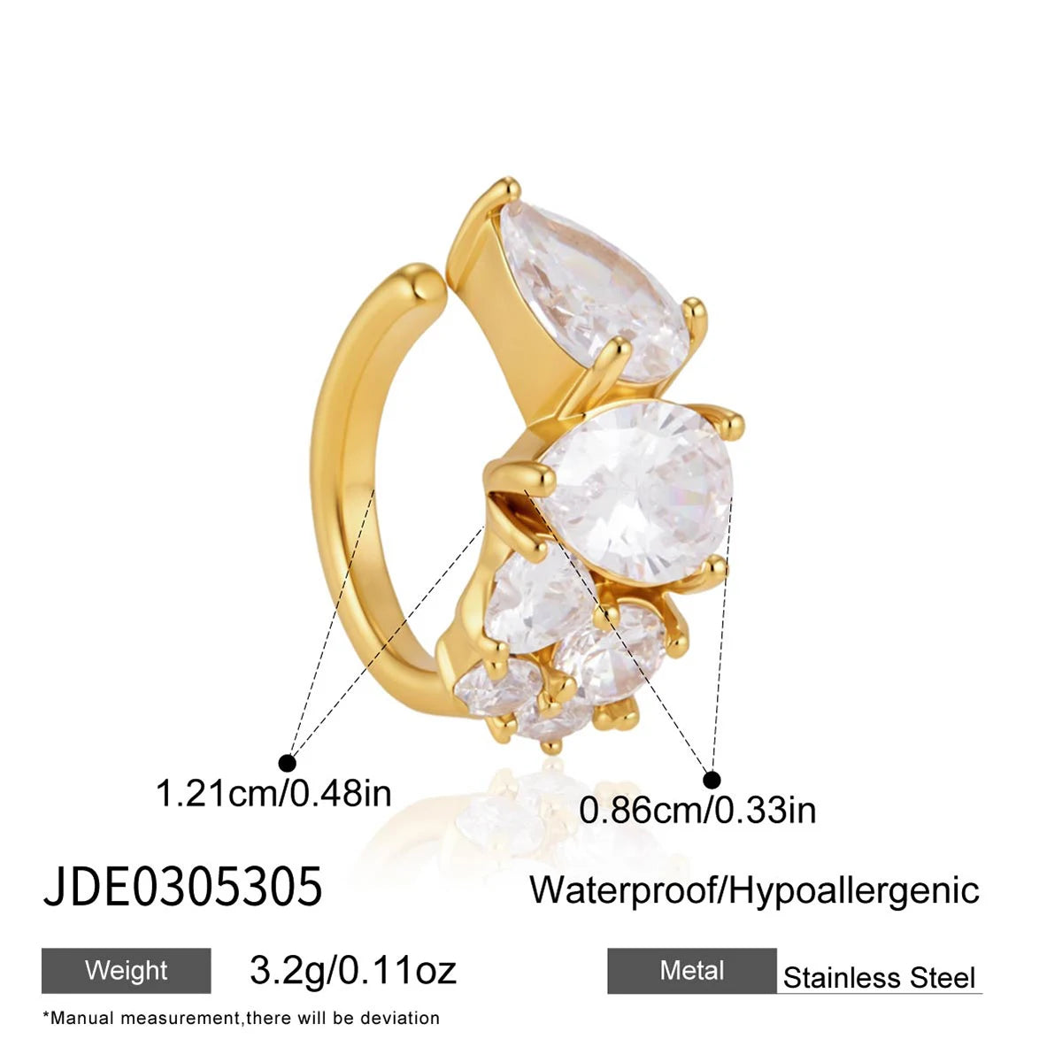 KIKA 1 PC Blue White Zircon Non-piercing Ear Clips  Gold PVD Plated Stainless Steel 316L
