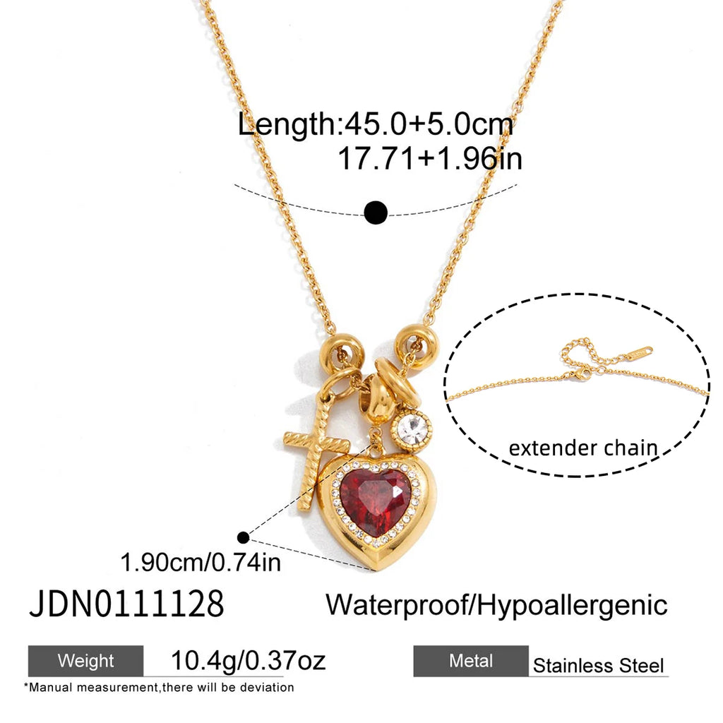 Classic Cross Red Zircon Heart Rhinestone Necklace