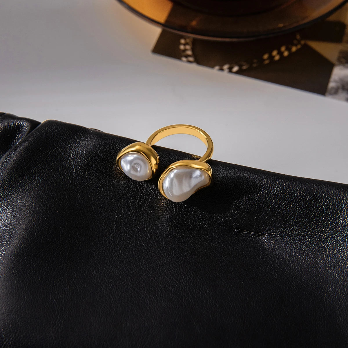 KIKA Simple and Elegant 18K Gold Color PVD Plated Stainless Steel 316L Baroque Shaped Pearl Asymmetric Ring Stackable Pearl