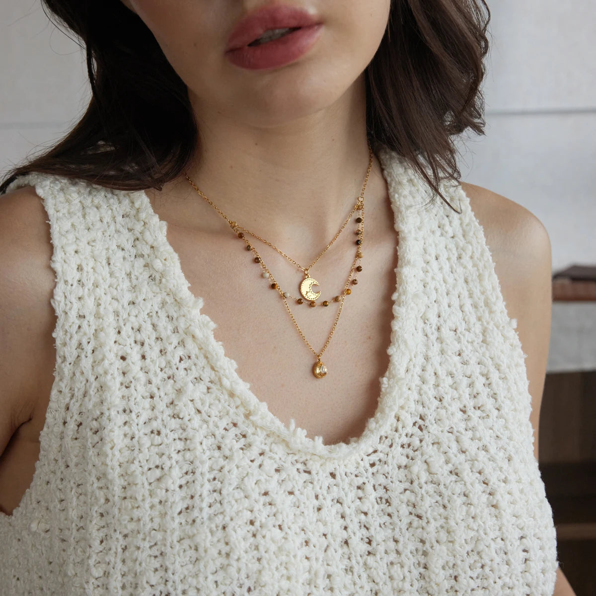KIKA Natural Stone Beads Moon Water Drop Pendant Necklace For Women 18K Gold Plated Stainless Steel 316L