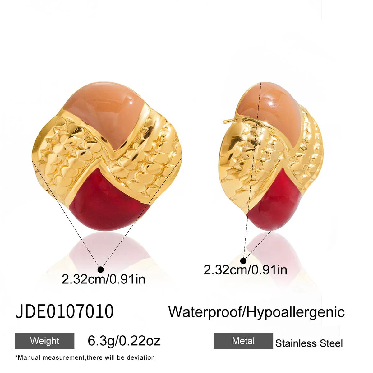 KIKA Vintage Square Red Double Color Drip Oil Ears Studs18K PVD Stainless Steel 316L Gold Color Irregular Drip Oil