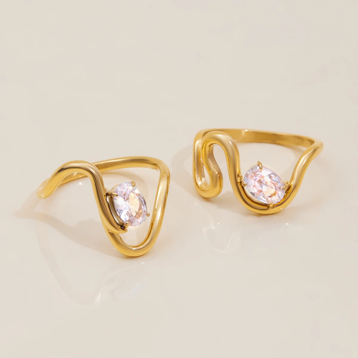 Kika Simple Classic 18K Gold Color Plated Stainless Steel Oval Zircon Line Ring