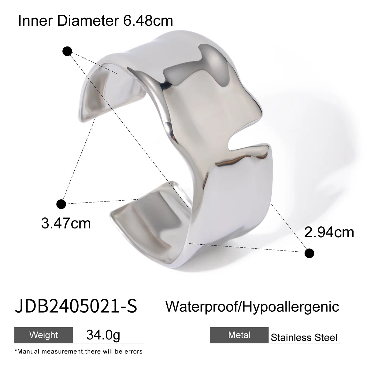 Kika Waterproof 18K Gold Color Stainless Steel Irregular Geometric Open Cuff Bracelet Bangle
