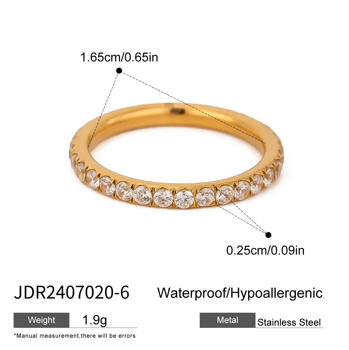KIKA  Vintage Classic 18K Gold Color PVD Plated Black Drip Oil White Rhinestone Heart Open Rings Waterproof Stainless Steel 316L