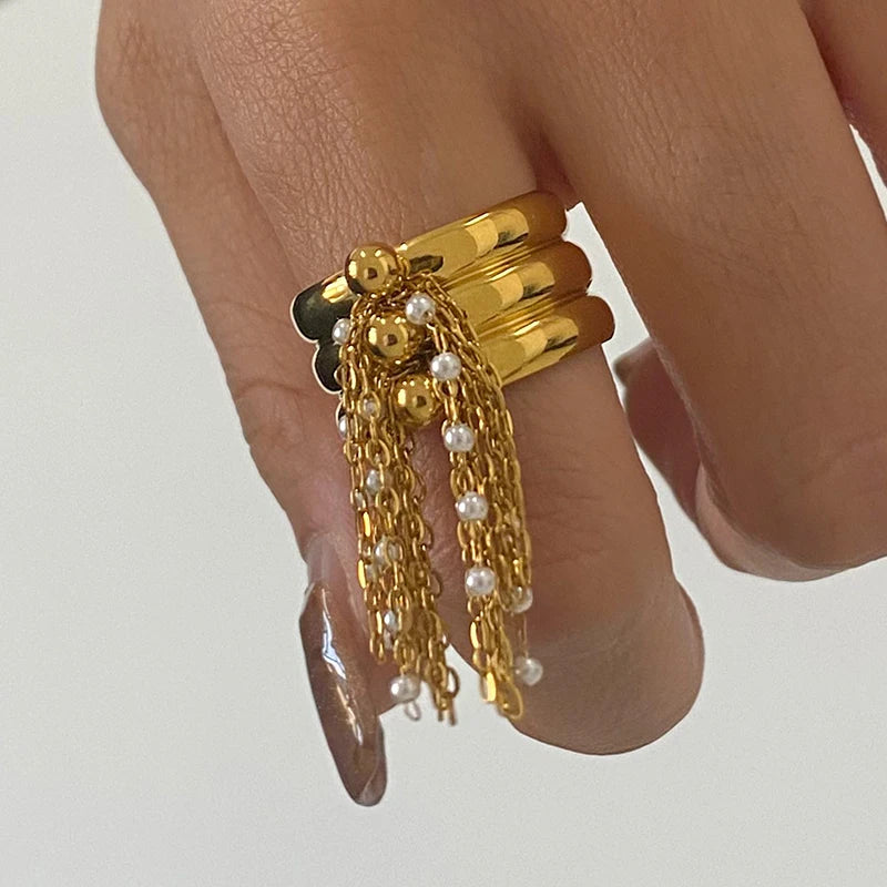KIKA Classic Stainless Steel Tassel Ring With Three-layer Steel Ball Chain Tassel Opening Ring Stackable For Women's Accessori