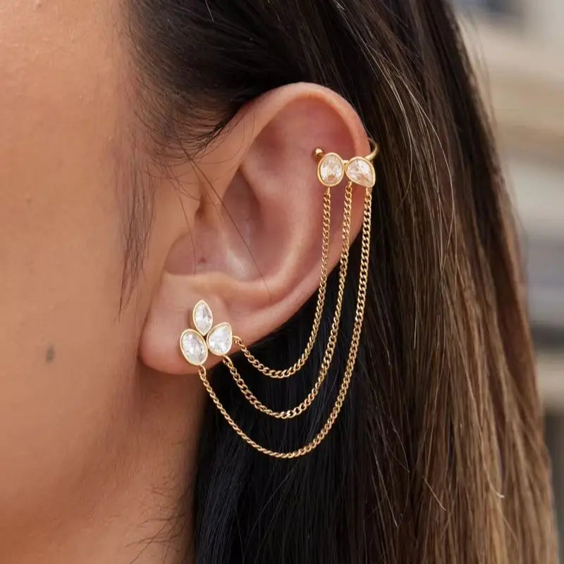Kika 1 PC Geometric Zircon Chains Tassel Earring Gold PVD Plated Stainless Steel 316L