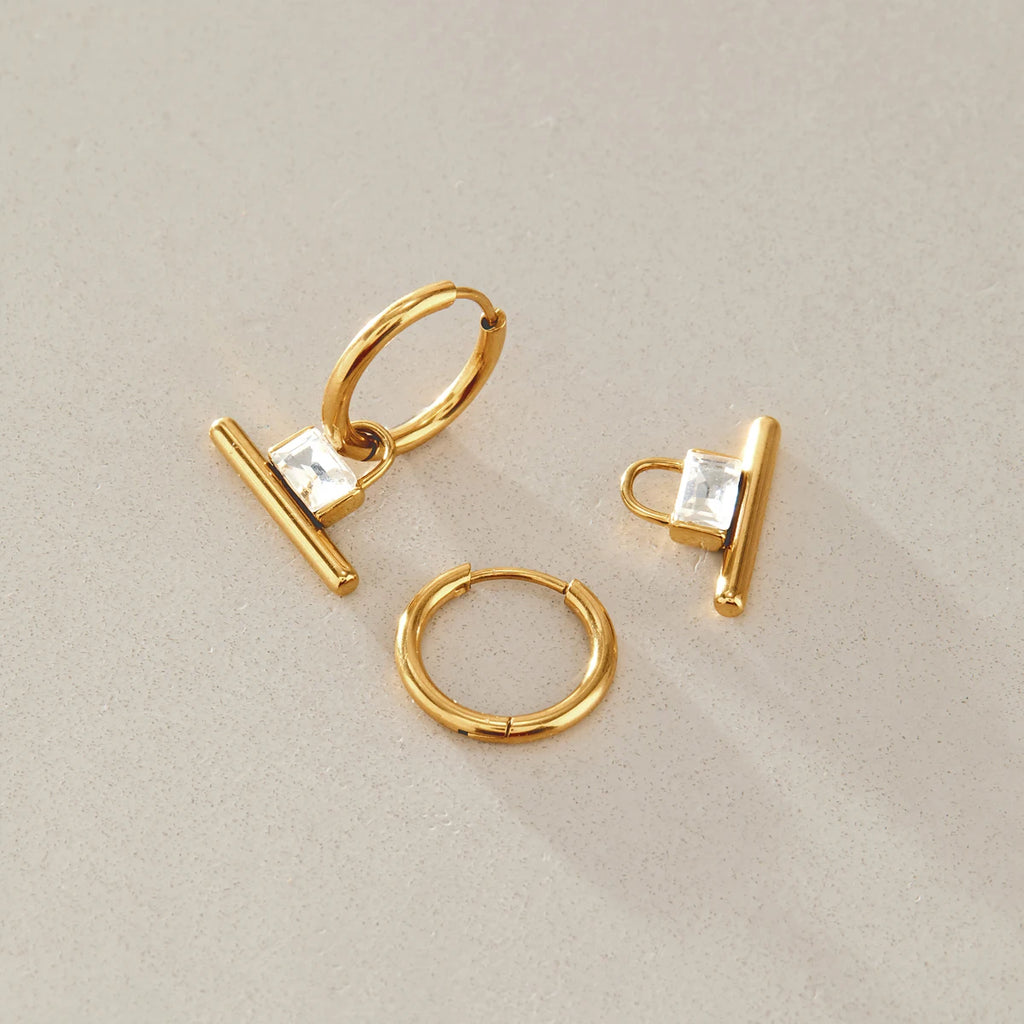 KIKA  Classic Square Zircon T-Bar Pendant Earrings For Women 18K Gold PVD Plated Stainless Steel Earrings Fashion Jewelry