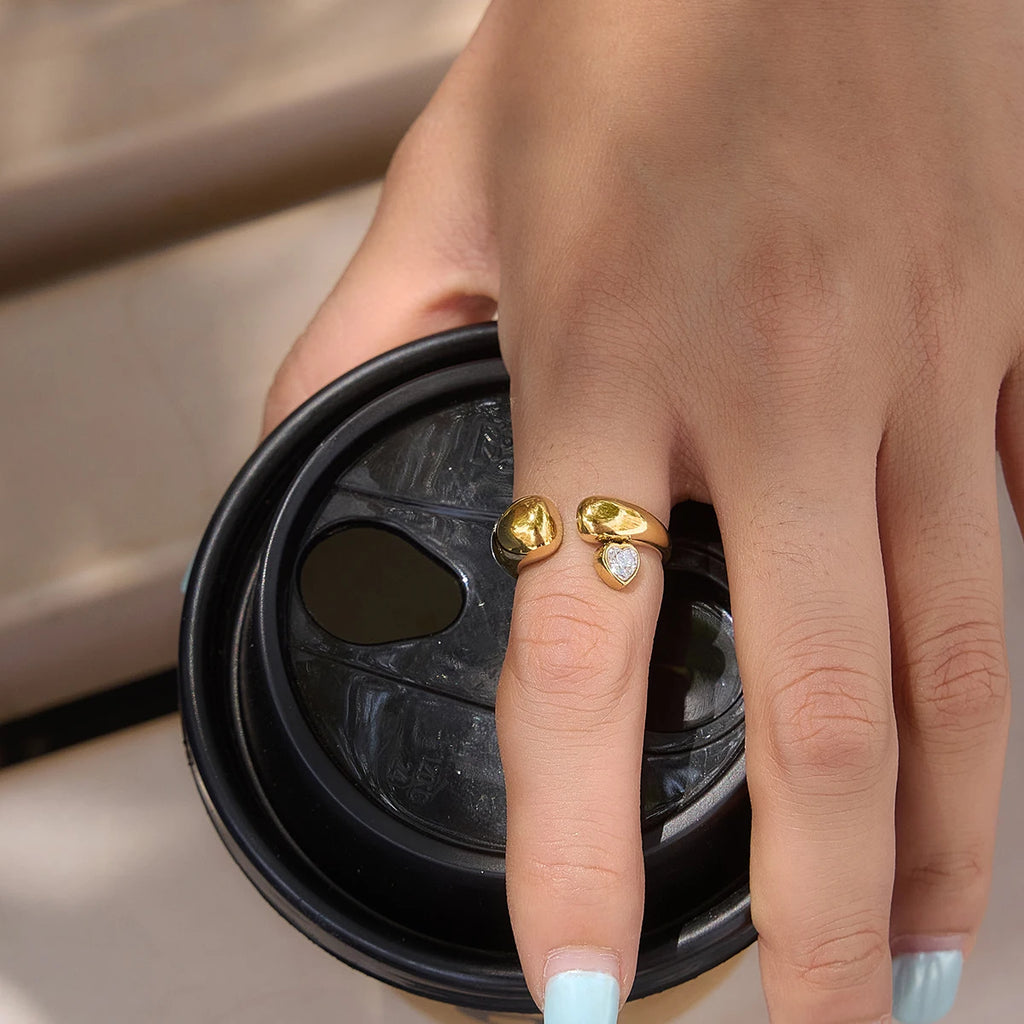 KIKA Delicate Heart Shaped White Zircon Open Ring  PVD Gold Plated Stainless Steel 316L