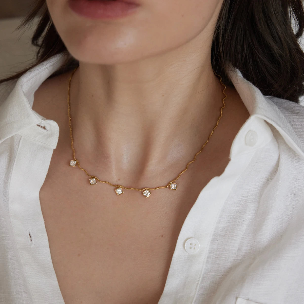 KIKA Geometric Zircon Pendant Wave Shape Chain Necklace For Women 18K Gold PVD Plated Stainless Steel 316L