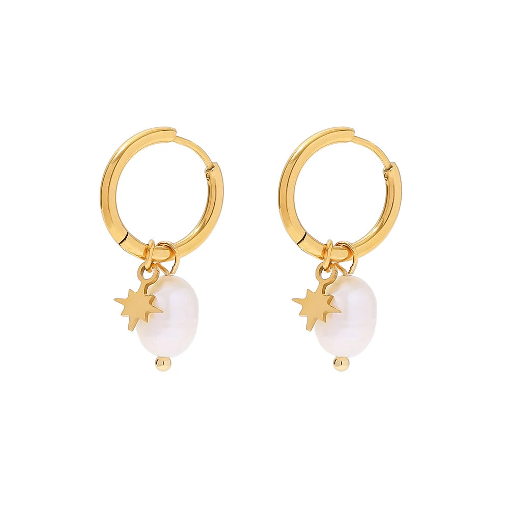 KIKA 316L Stainless Steel 316L Natural Pearl Hoop Earrings Trendy Metalic Golden Geometric