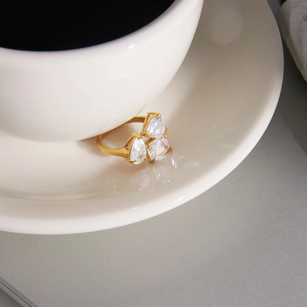 KIKA Water Drop Zircon Open Rings 18K Gold PVD Plated Stainless Steel 316L