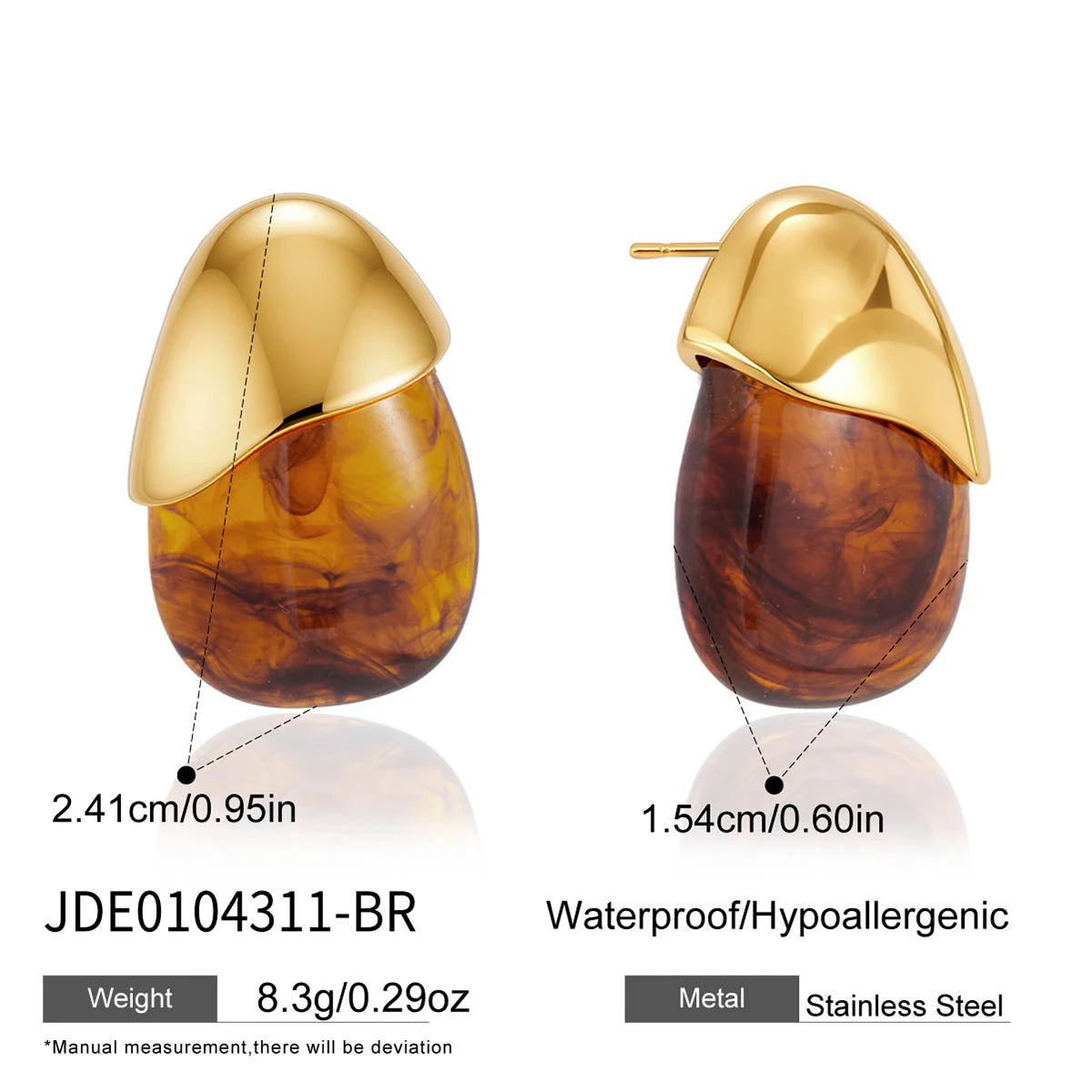 Kika Classic Water Drop Resin Stud Earrings For Women Minimalist 18K Gold Plated Stainless Steel 316L