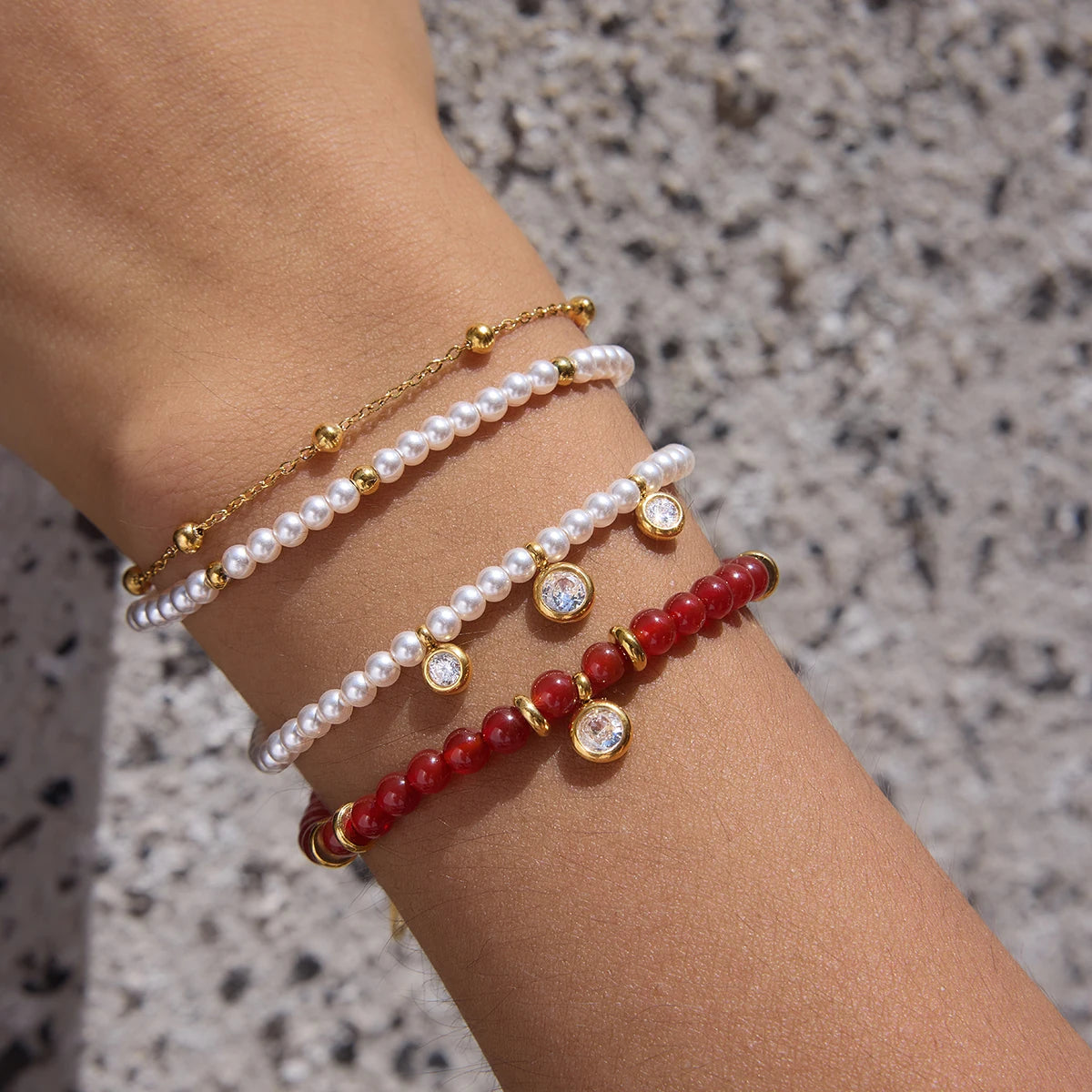 KIKA  Red Agate Stone Imitation Pearl Beaded Bracelet  18K Gold Plated Stainless Steel 316L