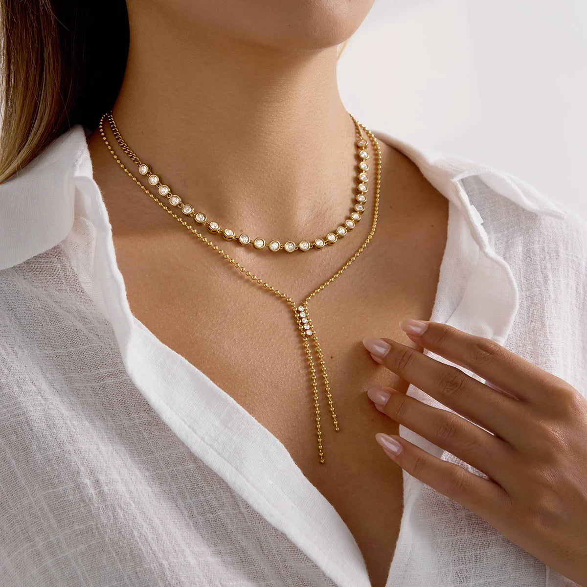 Kika Classic 18k White Rhinestone Bead Chain Y-shaped Chain Tassel Necklace