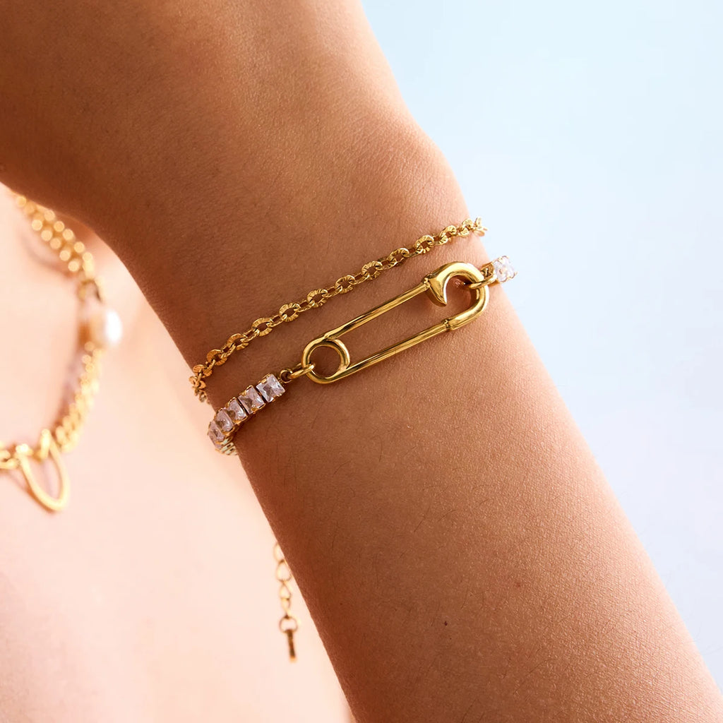 KIKA Simple Classic Square White Zircon Bracelet Paper Clip Double layer Bracelet Stainless Steel Chain Women's Jewelry Party