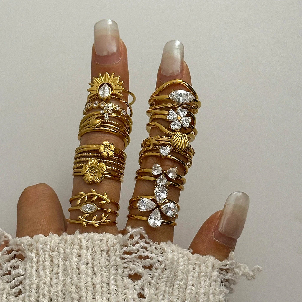 Kika Minimalist Zircon Ribbed Flower Stackable Ring