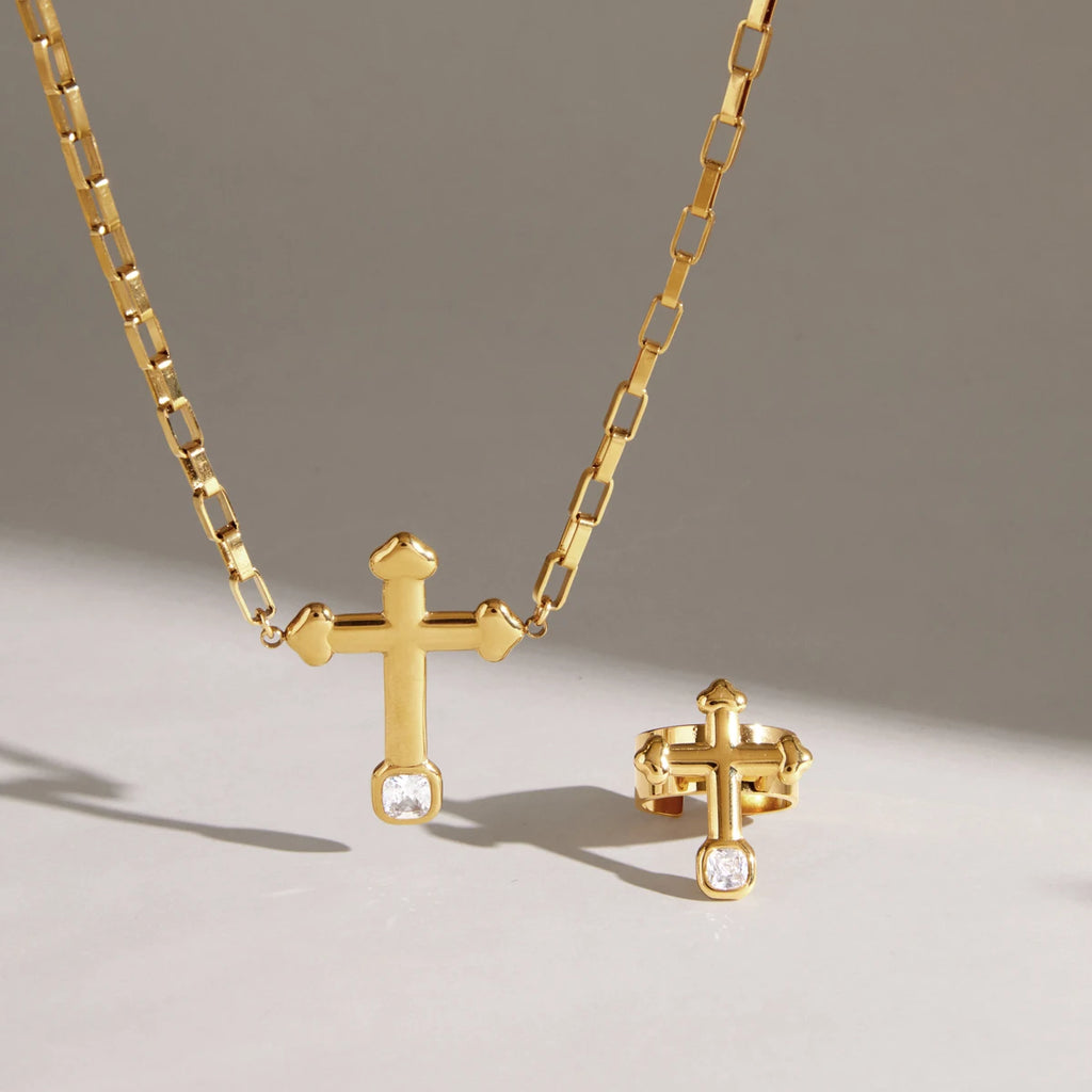 KIKA Square Zircon Cross Necklace Ring Jewelry Set For Women Minimalist 18K Gold PVD Plated Stainless Steel 316L