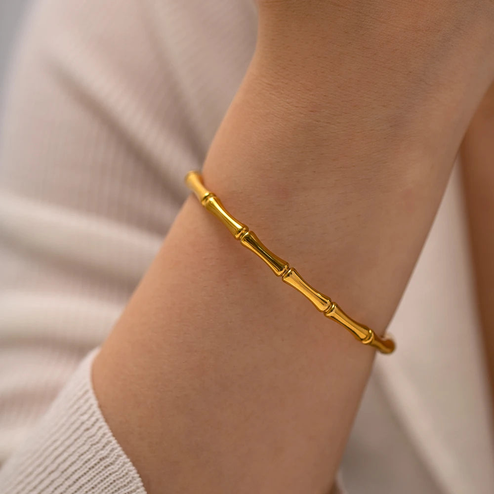 KIKA Minimalist 18k Gold Plated Stainless Steel Bracelets Jewelry Waterproof Bamboo Bangles Gift for Her Jewelry