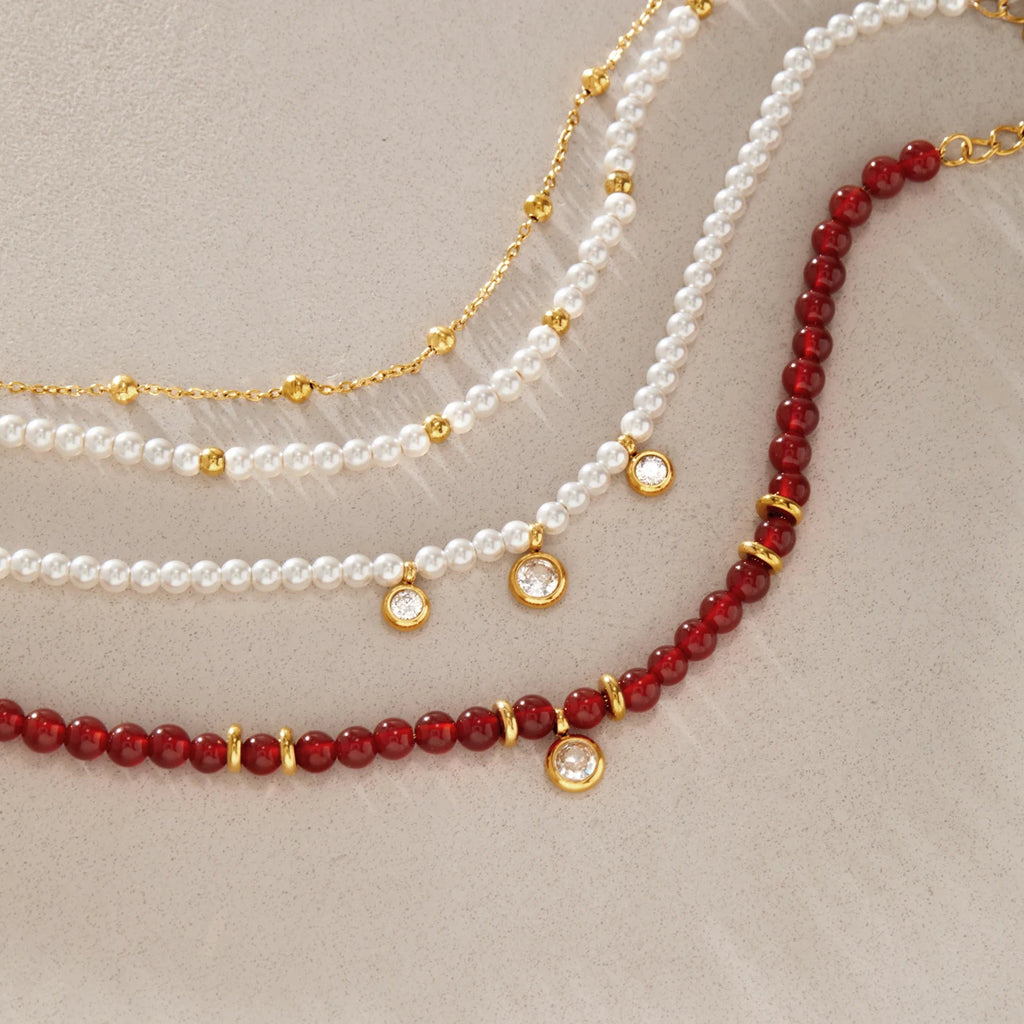 KIKA  Red Agate Stone Imitation Pearl Beaded Bracelet  18K Gold Plated Stainless Steel 316L