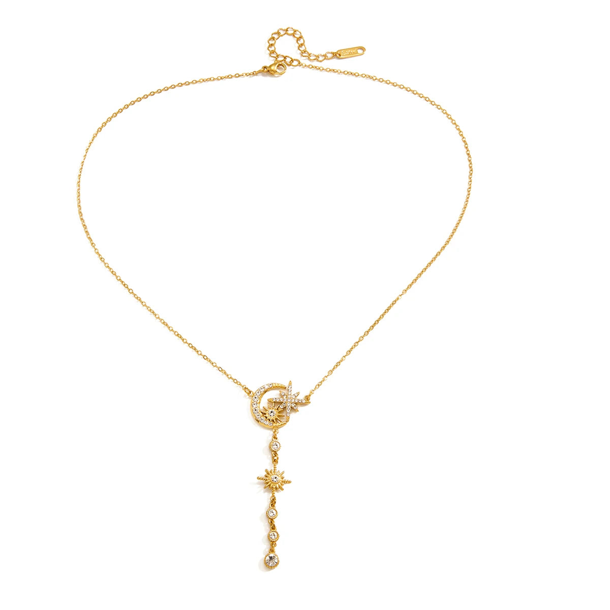 Kika Rhinestones Flower Star Moon Pendant Y-Shaped Chain Necklace